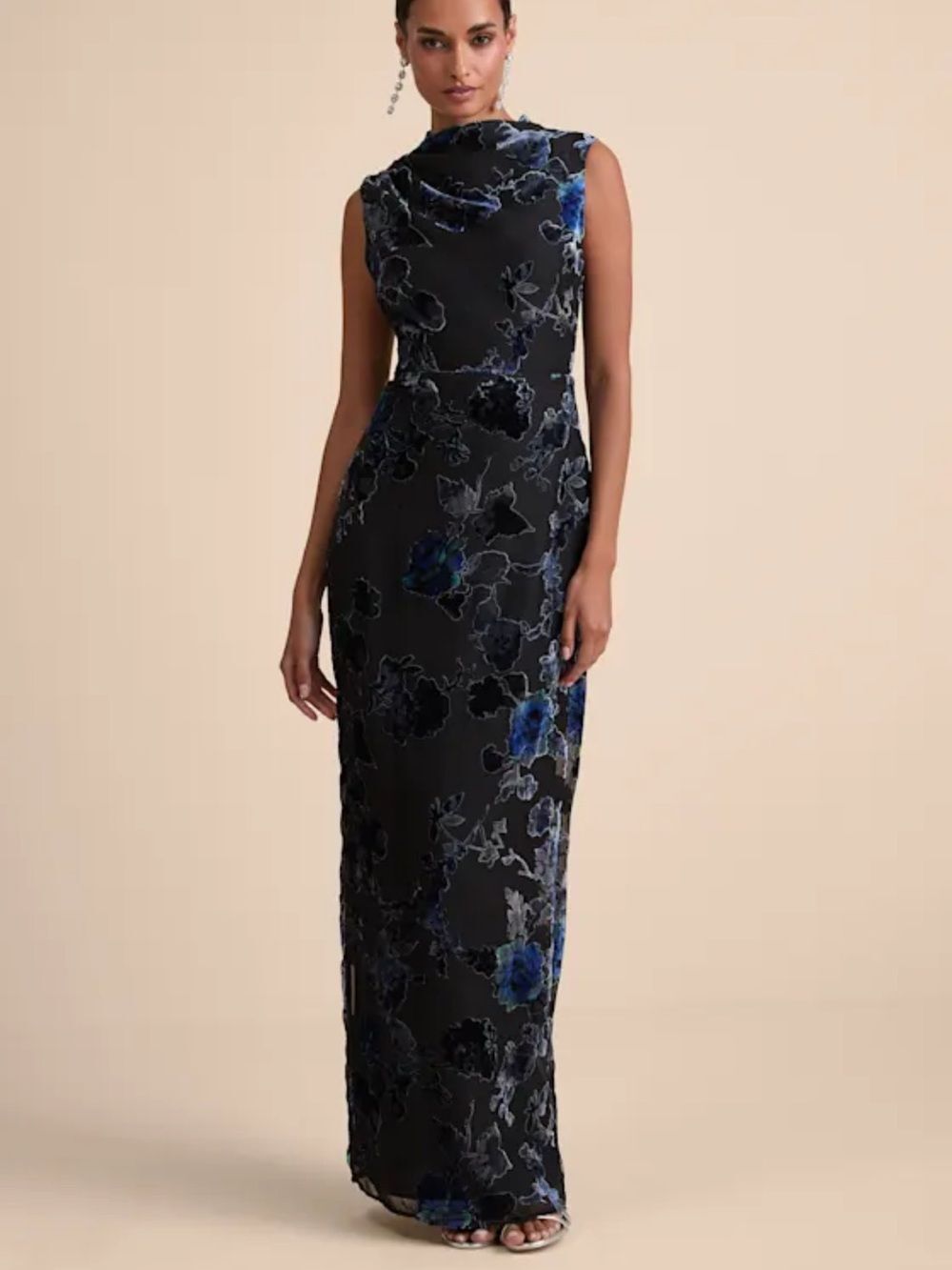 Lulus Composed Glamour Blue Black Floral Burnout Velvet Maxi Dress NWT L